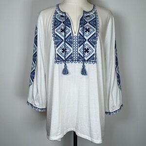 J.Jill Embroidered Knit Peasant Boho Top 3/4 Sleeves Cotton Women’s Size Medium